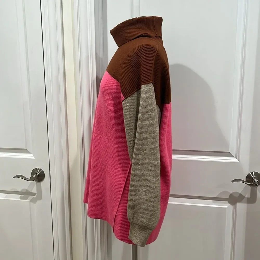 Free People Softly Structured Colorblock Turtleneck Sweater Pink Brown Oversized